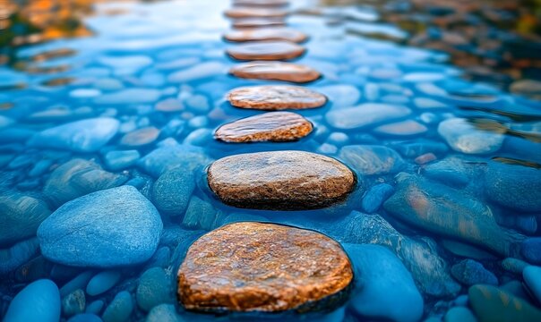 Stepping stones across clear blue water with visible pebbles in tranquil mindfulness scene. - Powered by Adobe