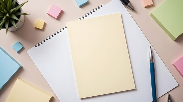 Organized workspace flatlay for creative thinking and planning, featuring pens, notepad, sticky notes, and plant, perfect for project inspiration