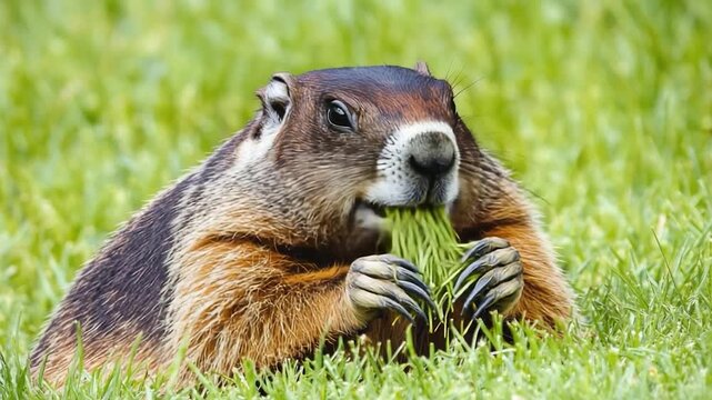 Video A groundhog munching on grass in a sunny meadow