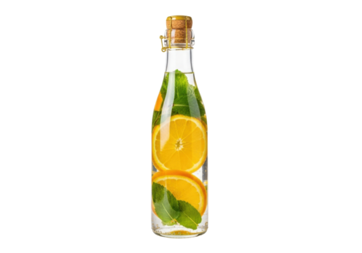 Isolated clear bottle filled with refreshing detox water, infused with oranges and mint - Powered by Adobe