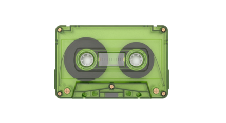 Isolated cassette tape in light green color, old audio technology, recording equipment, 1980s style