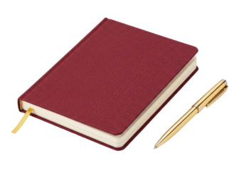 Isolated book and pen on surface, office supplies ready for writing, stationery setup
