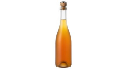 Isolated bottle of sparkling cider drink, amber colored liquid, clear glass, hinged closure top
