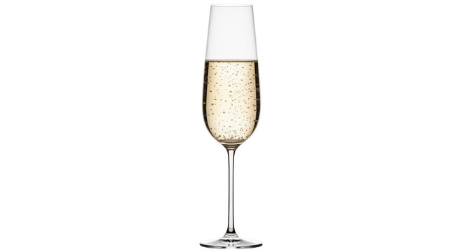 Isolated champagne flute with bubbly beverage, celebratory toast, sparkling wine drink