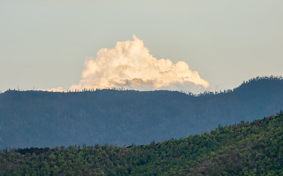 View of a massive, bright cumulus cloud dominating the skyline above dark, forested mountains, creating a serene landscape, Paro, Paro, Bhutan.