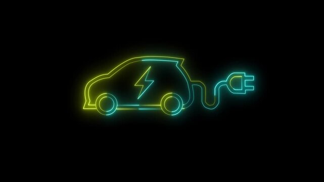 Glowing neon electric car icon animation. Neon charging car icon isolated. Electric car charging icon isolated on black background.