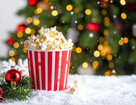 Popcorn in striped red cup with Christmas decorations and snowy background