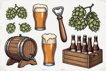 Craft beer tasting elements, hops, glasses, and barrels set
