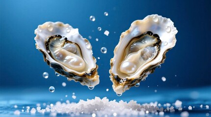 Naklejka premium Two open fresh oysters with shiny shells and juicy flesh levitating above sea salt crystals with water droplets on blue background, seafood delicacy concept.