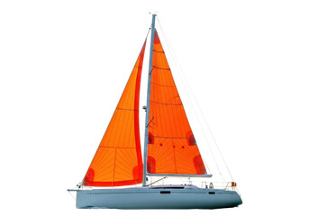 Isolated sailboat vessel with orange sails, nautical transport, ocean travel, sailing boat isolated