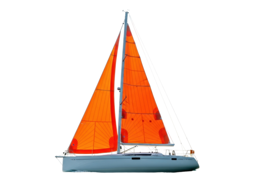 Isolated sailboat vessel with orange sails, nautical transport, ocean travel, sailing boat isolated