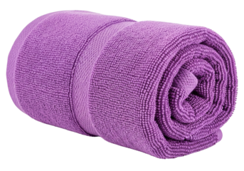Isolated purple microfiber towel roll, rolled up cloth texture, luxurious bath accessory, soft material