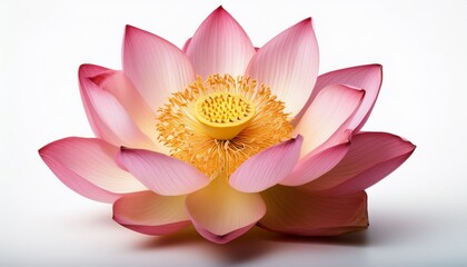 Beautiful Pink Lotus Flower Blossom with Yellow Center on White Background