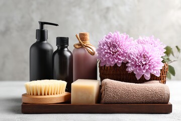 Elegant spa display with luxurious bath products and delicate pink flowers for a calming, relaxing wellness experience and promoting self care rituals