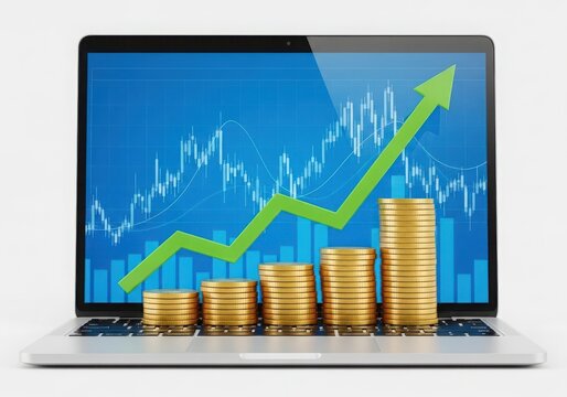 Laptop a financial growth chart increasing stacks of gold coins, isolated on white background