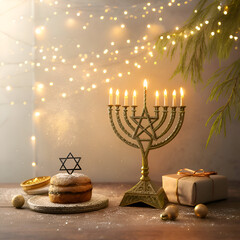 Festive Hanukkah Menorah with Lit Candles, Sufganiyot & Gifts. Jewish Festival of Lights Celebration. on transparent background