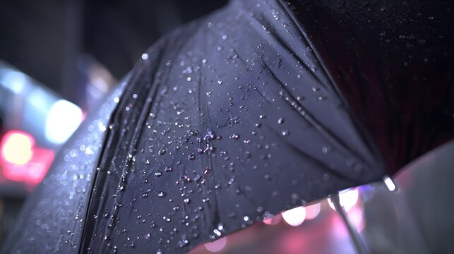 Black umbrella in the rain at night with city lights in background, rainy weather protection and moody urban atmosphere, wet street reflection