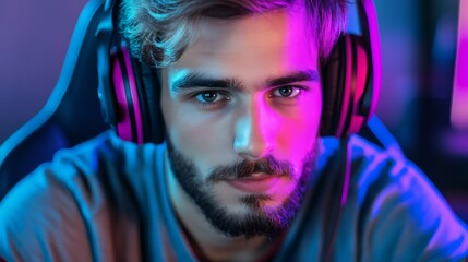 Male gamer wearing headphones playing video games
