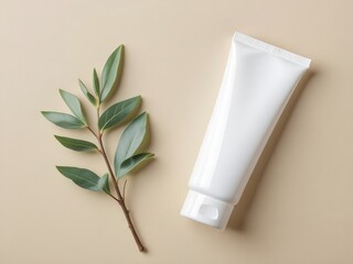 Elegant cream tube mockup with natural green leaf for your brand, showcase your skincare product beautifully for your customers with this professional scene