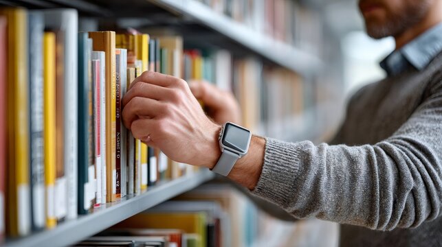 Person choosing book from library shelf wearing smartwatch