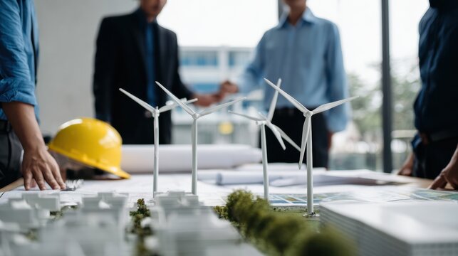 Small wind turbine model renewable energy planning engineering team meeting solar farm concept scale model layout urban renewable project sustainable development environmental design