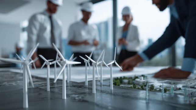 Aerial wind turbine model on planning table with engineers in hard hat reviewing renewable energy project and sustainable infrastructure design with focused teamwork and modern office planning - Powered by Adobe