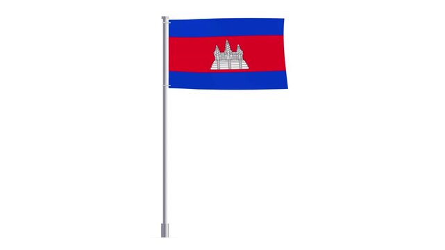 Animated design of the Cambodian flag on a waving white flagpole against a white background.
