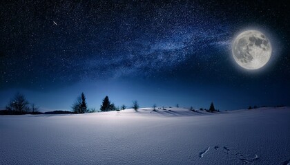 Naklejka premium Full Moon Over Starry Winter Night Snowfield