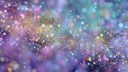 Obraz premium Glittering holographic gradient background with magical light effects, fairy sparkles, gold stars, and festive blurred glow for fantasy, celebration, and decorative designs