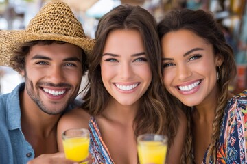 Happy friends enjoying summer vacation with fresh juice