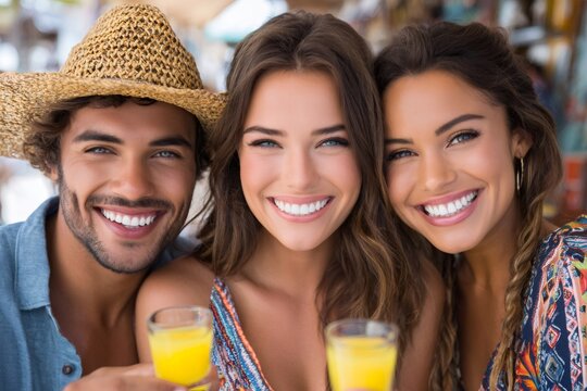 Happy friends enjoying summer vacation with fresh juice