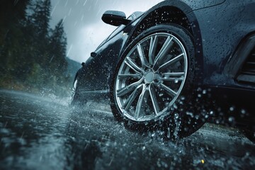 Experience the thrill of driving in the rain with this sleek car, its tires gripping the road through the downpour for ultimate performance and control