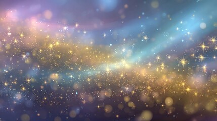 Glittering holographic gradient background with magical light effects, fairy sparkles, gold stars, and festive blurred glow for fantasy, celebration, and decorative designs