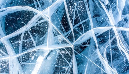 Macro Close-up Photography of a Complex Network of Fine Irregular Cracks on a Thick Clear Ice Surface