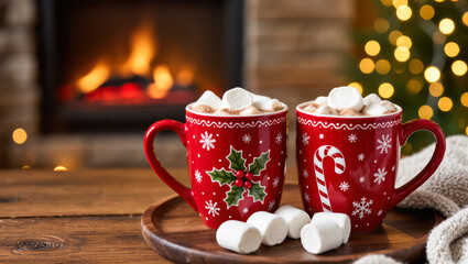 Christmas hot chocolate with marshmallows in festive red mugs on wooden tray, near fireplace and tree lights. Cozy holiday winter drink setting.