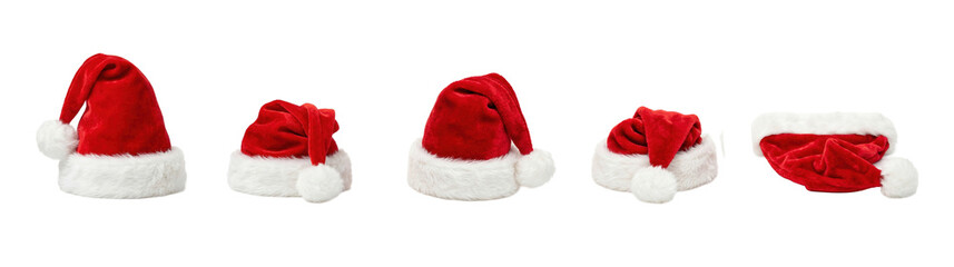 Set of classic Santa Claus hats arranged isolated on transparent PNG background, ideal for Christmas designs.