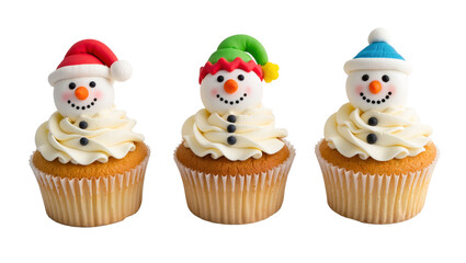 Christmas cupcakes with snowman decorations made from fondant and icing, isolated on white or transparent background. Fun festive holiday dessert.