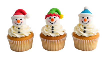 Christmas cupcakes with snowman decorations made from fondant and icing, isolated on white or transparent background. Fun festive holiday dessert.