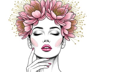 Line-art woman with pink flowers and golden leaves.