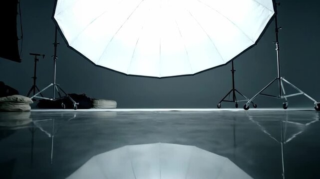 Empty photography studio setup with lighting and reflective floor