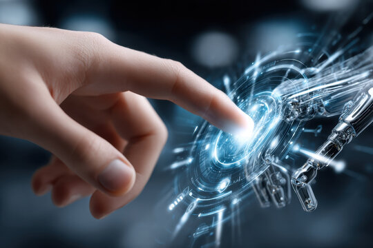Human Finger Touches Futuristic Robotic Hand Interface - Powered by Adobe