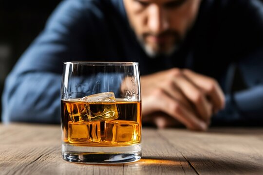 Man contemplating glass of whiskey on table - Powered by Adobe