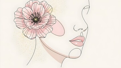 Line-art woman with pink flowers and golden leaves.