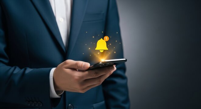 Businessman receives notification on smartphone, new alert concept