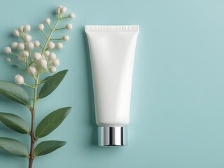 Elegant blank white cosmetic tube with floral accent for your skincare or beauty product promotion, offering a fresh and clean aesthetic for your brand