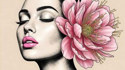 Line-art woman with pink flowers and golden leaves.