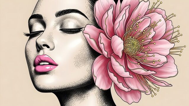 Line-art woman with pink flowers and golden leaves.