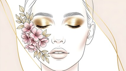 Line-art woman with pink flowers and golden leaves.