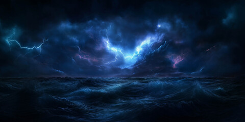 Dark stormy ocean scene with turbulent waves and dramatic lightning illuminating the sky, creating a powerful atmosphere of nature's raw energy and beauty