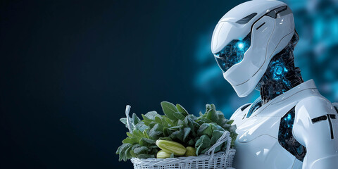 Futuristic robot with a sleek design is holding a basket filled with fresh vegetables, showcasing the blend of technology and nature in a vibrant, modern setting